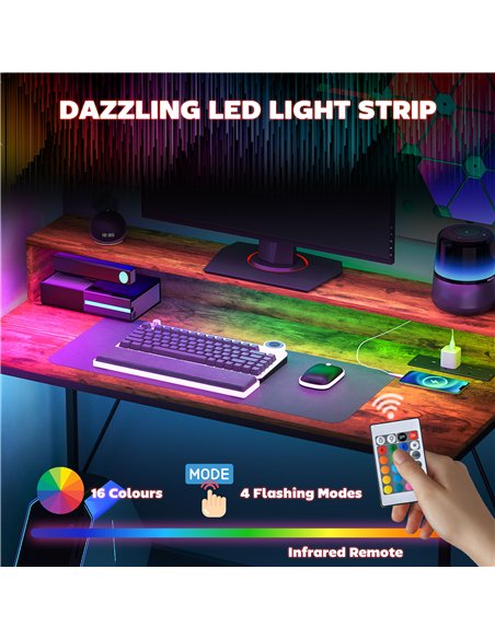 HOMCOM 120cm Computer Desk with LED Lights and Power Outlets, Gaming Desk with Monitor Stand, Computer Table with Remote for Hom - pic 120921 | FastDaddyshop