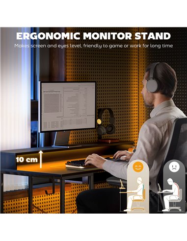 HOMCOM Reversible Computer Desk with LED Lights and Power Outlets, 120 x 55 cm Gaming Desk with Monitor Stand, Sliding Keyboard 