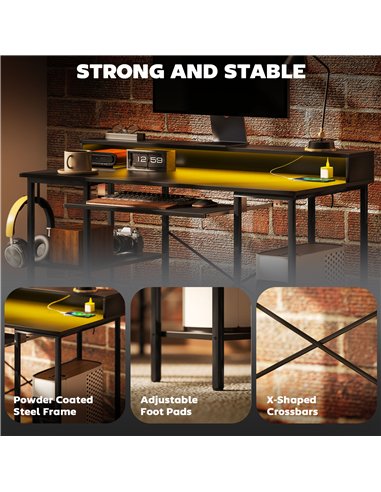 HOMCOM Reversible Computer Desk with LED Lights and Power Outlets, 120 x 55 cm Gaming Desk with Monitor Stand, Sliding Keyboard 