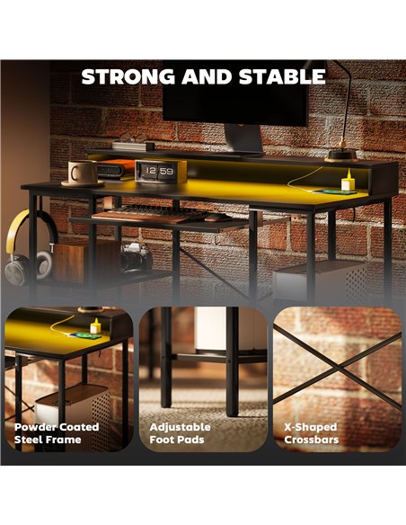 HOMCOM Reversible Computer Desk with LED Lights and Power Outlets, 120 x 55 cm Gaming Desk with Monitor Stand, Sliding Keyboard  - pic 120935 | FastDaddyshop