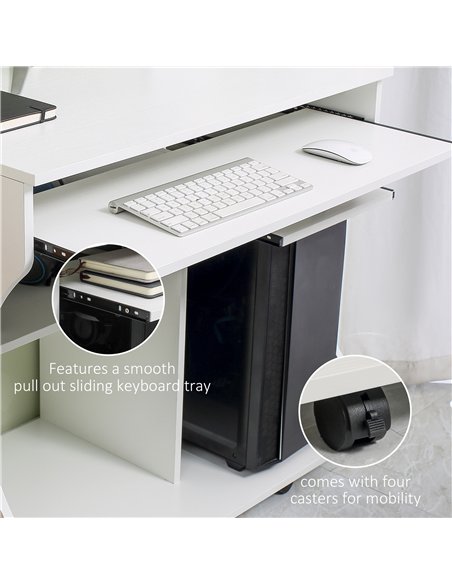 HOMCOM Multi-Storage Compact Work Desk, with Wheels - White - pic 120943 | FastDaddyshop