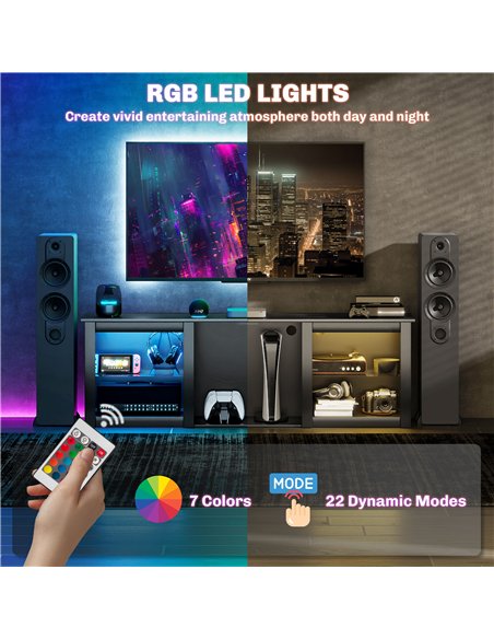 HOMCOM 65" TV Stand, with LED Lights and Storage - Black - pic 120948 | FastDaddyshop