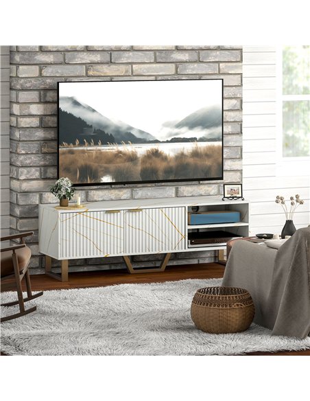 HOMCOM Marble Effect TV Unit, TV Stand Cabinet for up to 70" TVs, Modern TV Cabinet with Shelves and Storage Cupboard, Fluted Do - pic 120987 | FastDaddyshop