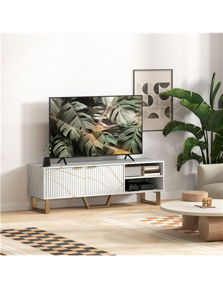 HOMCOM Marble Effect TV Unit, TV Stand Cabinet for up to 70" TVs, Modern TV Cabinet with Shelves and Storage Cupboard, Fluted Do - pic 120988 | FastDaddyshop