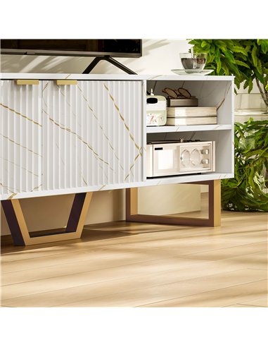 HOMCOM Marble Effect TV Unit, TV Stand Cabinet for up to 70" TVs, Modern TV Cabinet with Shelves and Storage Cupboard, Fluted Do