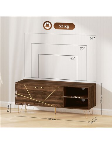HOMCOM TV Stand Cabinet for up to 60 Inch TV, Modern 130cm TV Unit with Adjustable Shelves and Hairpin Legs, Double Door TV Cabi