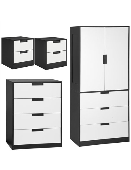 HOMCOM Bedroom Furniture Set, Wardrobe with Hanging Rod, 4 Drawer Chest of Drawers, 2 Bedside Tables with Storage, White and Bla - pic 121008 | FastDaddyshop