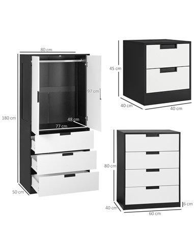 HOMCOM Bedroom Furniture Set, Wardrobe with Hanging Rod, 4 Drawer Chest of Drawers, 2 Bedside Tables with Storage, White and Bla