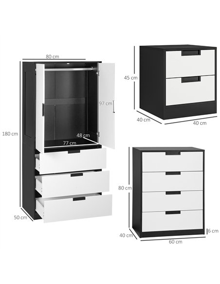 HOMCOM Bedroom Furniture Set, Wardrobe with Hanging Rod, 4 Drawer Chest of Drawers, 2 Bedside Tables with Storage, White and Bla - pic 121010 | FastDaddyshop