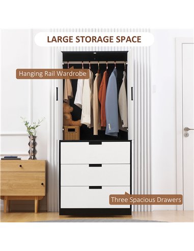 HOMCOM Bedroom Furniture Set, Wardrobe with Hanging Rod, 4 Drawer Chest of Drawers, 2 Bedside Tables with Storage, White and Bla