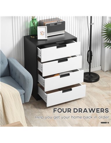 HOMCOM Bedroom Furniture Set, Wardrobe with Hanging Rod, 4 Drawer Chest of Drawers, 2 Bedside Tables with Storage, White and Bla