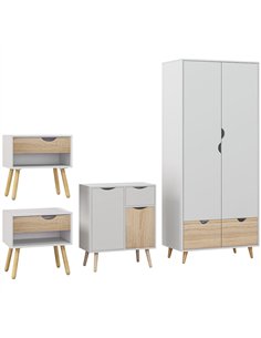 HOMCOM Bedroom Furniture Set, Wardrobe with Hanging Rail, Bedside Table, Floor Cabinet with Storage, Nature Wood Finish and Whit
