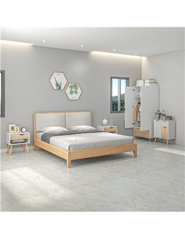 HOMCOM Bedroom Furniture Set, Wardrobe with Hanging Rail, Bedside Table, Floor Cabinet with Storage, Nature Wood Finish and Whit