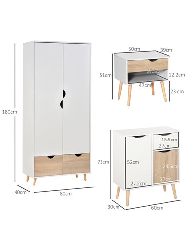 HOMCOM Bedroom Furniture Set, Wardrobe with Hanging Rail, Bedside Table, Floor Cabinet with Storage, Nature Wood Finish and Whit