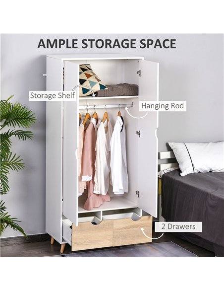 HOMCOM Bedroom Furniture Set, Wardrobe with Hanging Rail, Bedside Table, Floor Cabinet with Storage, Nature Wood Finish and Whit - pic 121038 | FastDaddyshop