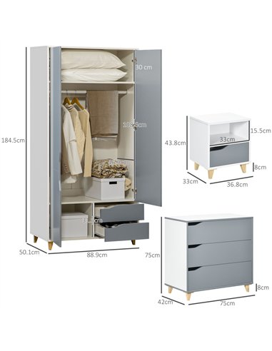 HOMCOM Bedroom Furniture Set, Wardrobe with Hanging Rail, 3 Drawer Chest of Drawers, Bedside Table with Drawer, Grey and White