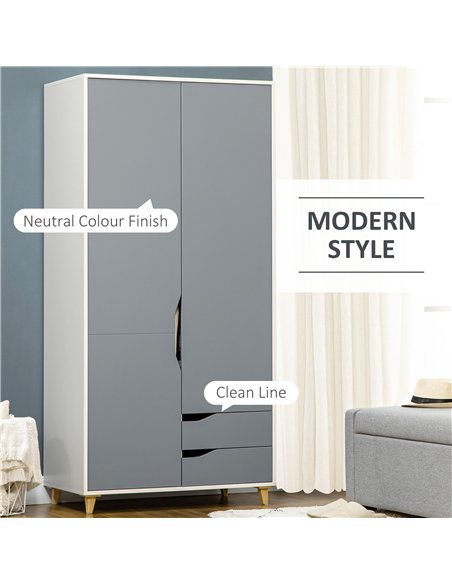 HOMCOM Bedroom Furniture Set, Wardrobe with Hanging Rail, 3 Drawer Chest of Drawers, Bedside Table with Drawer, Grey and White - pic 121047 | FastDaddyshop
