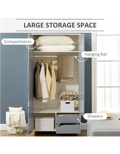 HOMCOM Bedroom Furniture Set, Wardrobe with Hanging Rail, 3 Drawer Chest of Drawers, Bedside Table with Drawer, Grey and White