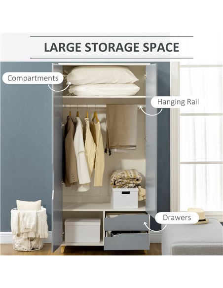 HOMCOM Bedroom Furniture Set, Wardrobe with Hanging Rail, 3 Drawer Chest of Drawers, Bedside Table with Drawer, Grey and White - pic 121048 | FastDaddyshop