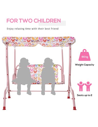 Outsunny 2-Seat Kids Canopy Garden Swing Chair Hammock Lounge Toddler Seat Belt Awning Pink