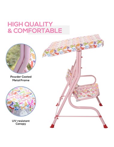 Outsunny 2-Seat Kids Canopy Garden Swing Chair Hammock Lounge Toddler Seat Belt Awning Pink