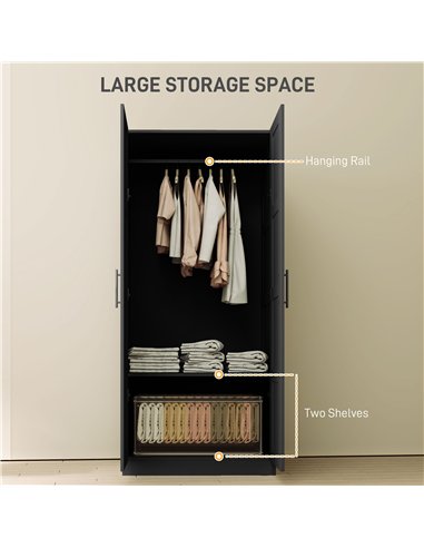 HOMCOM Double Paneled Door Wardrobe, with Shelves - Black