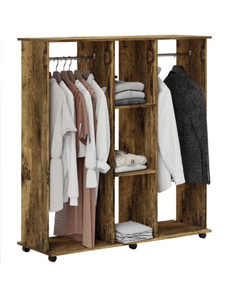 HOMCOM Open Wardrobe Double Mobile Storage Shelves Organizer W/6 Wheels-Rustic Brown - pic 121089 | FastDaddyshop