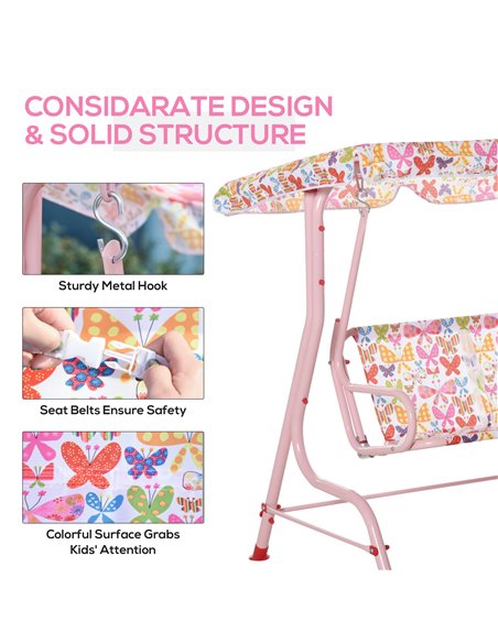 Outsunny 2-Seat Kids Canopy Garden Swing Chair Hammock Lounge Toddler Seat Belt Awning Pink - pic 12109 | FastDaddyshop
