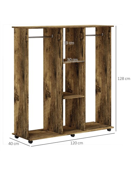 HOMCOM Open Wardrobe Double Mobile Storage Shelves Organizer W/6 Wheels-Rustic Brown - pic 121091 | FastDaddyshop