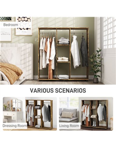 HOMCOM Open Wardrobe Double Mobile Storage Shelves Organizer W/6 Wheels-Rustic Brown