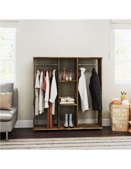 HOMCOM Open Wardrobe Double Mobile Storage Shelves Organizer W/6 Wheels-Rustic Brown - pic 121095 | FastDaddyshop