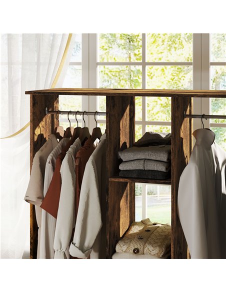 HOMCOM Open Wardrobe Double Mobile Storage Shelves Organizer W/6 Wheels-Rustic Brown - pic 121097 | FastDaddyshop