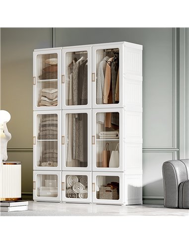 HOMCOM Portable Clothes Wardrobe for Bedroom, Foldable Clothes Organiser with Cube Storage, Hanging Rods, Magnet Doors, White