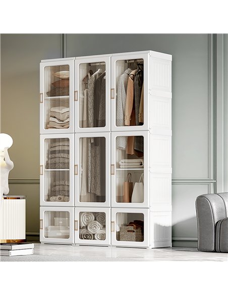 HOMCOM Portable Clothes Wardrobe for Bedroom, Foldable Clothes Organiser with Cube Storage, Hanging Rods, Magnet Doors, White - pic 121108 | FastDaddyshop