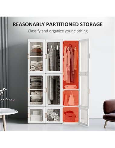 HOMCOM Portable Clothes Wardrobe for Bedroom, Foldable Clothes Organiser with Cube Storage, Hanging Rods, Magnet Doors, White