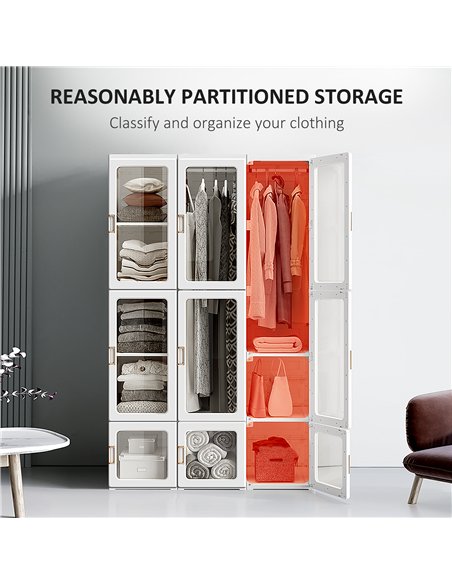 HOMCOM Portable Clothes Wardrobe for Bedroom, Foldable Clothes Organiser with Cube Storage, Hanging Rods, Magnet Doors, White - pic 121110 | FastDaddyshop