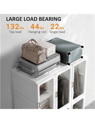 HOMCOM Portable Clothes Wardrobe for Bedroom, Foldable Clothes Organiser with Cube Storage, Hanging Rods, Magnet Doors, White
