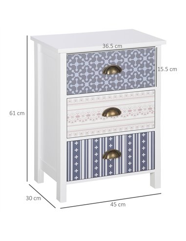 HOMCOM Bedside Table Set of 2 Chest of 3 Drawers Shabby Chic Nightstands with Metal Handle Sofa Side Table for Living Room, Bedr