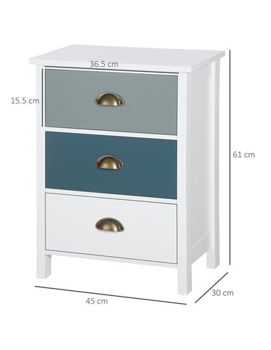 HOMCOM Bedside Table Set of 2 Chest of 3 Drawers Shabby Chic Nightstands with Metal Handle Sofa Side Table for Living Room, Bedr