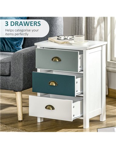 HOMCOM Bedside Table Set of 2 Chest of 3 Drawers Shabby Chic Nightstands with Metal Handle Sofa Side Table for Living Room, Bedr