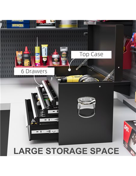 HOMCOM Steel Six Drawer Tool Storage Carry Chest, with Lock and Keys - Black - pic 121137 | FastDaddyshop