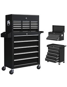 HOMCOM 19 Drawer, Two-Part Tool Storage Chest on Wheels - Black