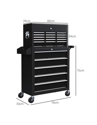 HOMCOM 19 Drawer, Two-Part Tool Storage Chest on Wheels - Black