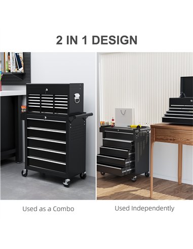HOMCOM 19 Drawer, Two-Part Tool Storage Chest on Wheels - Black