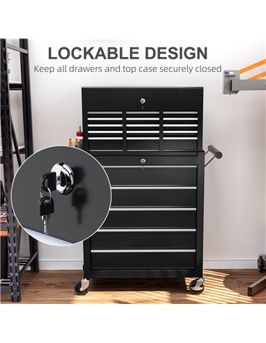 HOMCOM 19 Drawer, Two-Part Tool Storage Chest on Wheels - Black