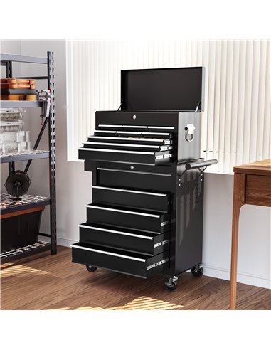 HOMCOM 19 Drawer, Two-Part Tool Storage Chest on Wheels - Black