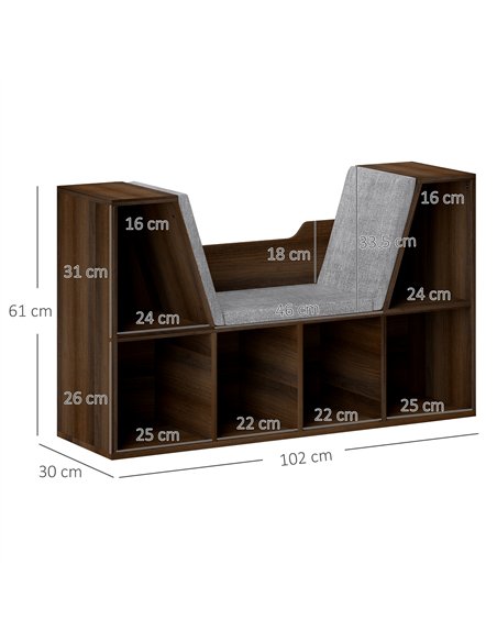 HOMCOM Bookcase Storage Shelf with Cushioned Reading Seat, Cube Bookshelf Organizer for Bedroom Living Room, Chestnut - pic 121226 | FastDaddyshop