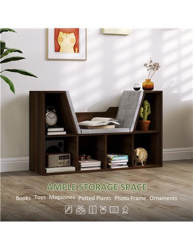 HOMCOM Bookcase Storage Shelf with Cushioned Reading Seat, Cube Bookshelf Organizer for Bedroom Living Room, Chestnut