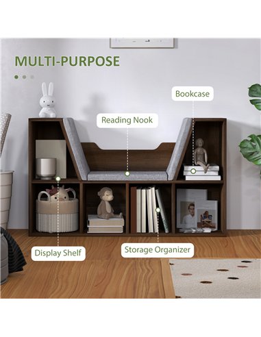 HOMCOM Bookcase Storage Shelf with Cushioned Reading Seat, Cube Bookshelf Organizer for Bedroom Living Room, Chestnut