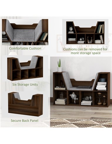 HOMCOM Bookcase Storage Shelf with Cushioned Reading Seat, Cube Bookshelf Organizer for Bedroom Living Room, Chestnut